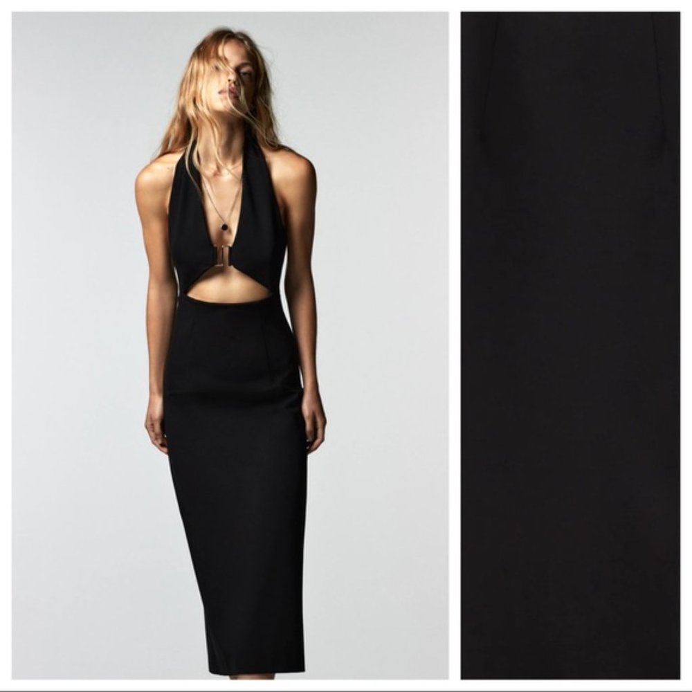 NWT Zara Black Cut-Out Halter Midi Dress Size XSmall